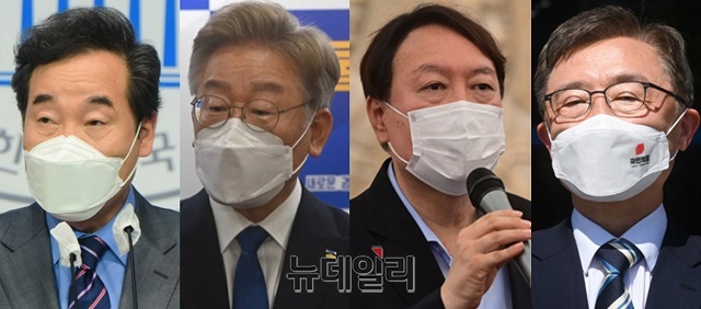 ▲ (왼쪽부터) 더불어민주당 이낙연 대선 예비후보·이재명 대선 경선후보·국민의당 윤석열 대선 예비후보·최재형 대선 예비후보.ⓒ뉴데일리DB