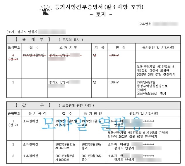 ▲ 이규민 더불어민주당 의원이 소유했던 농지를 형수 한모 씨에게 증여했다는 등기부등본 기록. 이 의원도 부친에게 상속이 아닌 증여를 받았다고 나온다. ⓒ등기부등본 캡처