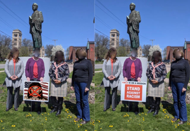 ▲ 지난 4월 24일 미국 워싱턴 D.C.에서 열었다고 주장하는 시위 사진. 왼쪽이 합성한 가짜, 오른쪽이 실제 시위 사진이다. ⓒ파이어아이 맨디언트 제공.