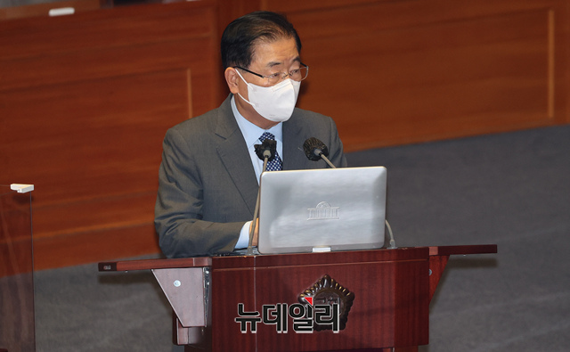 ▲ 지난 14일 국회 대정부 질의에 출석한 정의용 외교부 장관. ⓒ공동취재단-뉴데일리 DB.