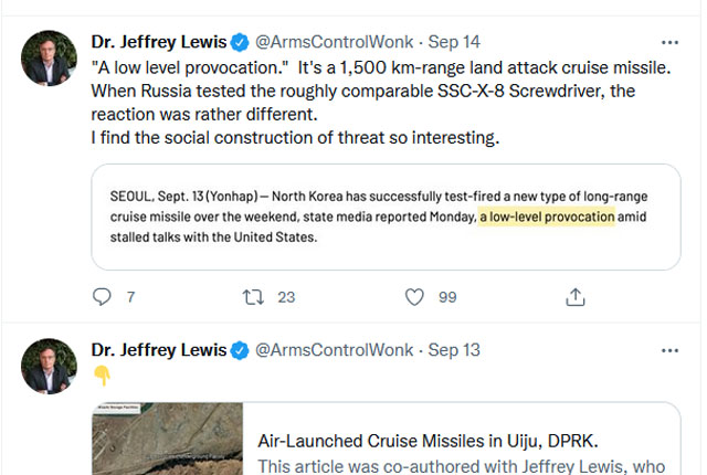 ▲ 북한의 신형 순항미사일 시험발사를 '저강도 도발'이라고 표현한 한국 언론보도를 보여주는 제프리 루이스 교수. ⓒ제프리 루이스 교수 트위터 캡쳐.