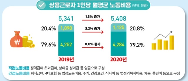 ▲ 2020년 상용근로자 1인당 월평균 노동비용.ⓒ노동부