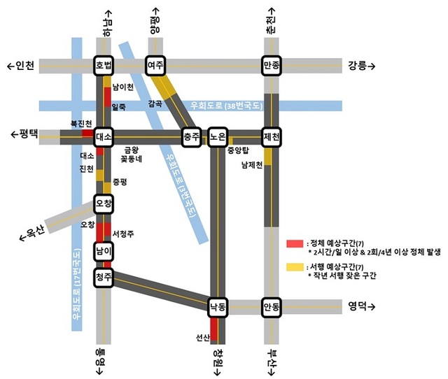 ▲ 추석연휴 기간 충청권 주요 고속도로 정체 예상 구간.ⓒ한국도로공사 충북본부