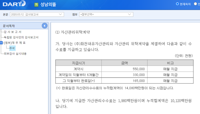 ▲ ⓒ2020년 3월 12일에 공시된 성남의뜰 2019년 감사보고서 캡쳐