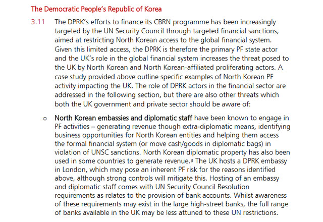 ▲ 영국 재무부가 공개한 '확산금융 국가위험평가' 보고서 가운데 북한 섹션의 일부. ⓒ영국 재무부 홈페이지 캡쳐.