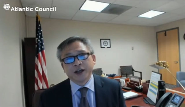 ▲ 美국무부 킨 모이 동아태 담당 수석 부차관보가 온라인으로 애틀란틱 카운슬 행사의 기조연설을 하고 있다. ⓒ美애틀란틱 카운슬 유튜브 중계화면 캡쳐.