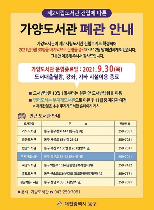 ▲ 대전시 동구 가양도서관이 대전 제2시립도서관 건립을 위해 12월 31일 폐관한다.ⓒ대전 동구