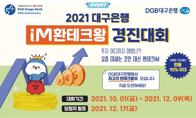 ▲ DGB대구은행(은행장 임성훈)은 1일부터 오는 12월9일까지 비대면 외화 Buy&Sell 서비스를 이용하는 고객에게 특별 환율우대를 제공하고 누적 수익률 최고 고객을 선정하여 경품을 증정하는 ‘2021 대구은행 IM환테크왕 경진대회’ 이벤트를 실시한다고 밝혔다.ⓒDGB대구은행