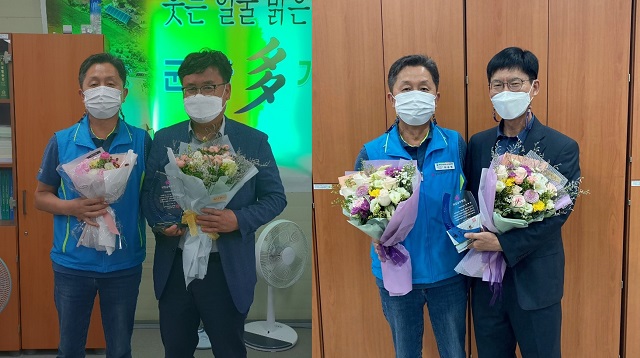 ▲ 하승영 노조위원장이 송인원 전원농촌개발과장(왼쪽), 김익찬 주민복지실장(오른쪽)과 기념촬영을 하고 있다.ⓒ봉화군