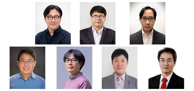 ▲ (첫째줄 왼쪽부터) 포스텍 김태경 교수, UNIST 박경덕 교수, 가천대 김익수 교수, (둘째줄 왼쪽부터) KAIST 김진국 교수, GIST 이종석 교수, 서울대 허충길 교수, 포스텍 공병돈 교수. ⓒ삼성전자