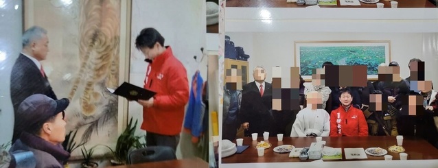 ▲ 13일 한 온라인 커뮤니티에는 유승민 국민의힘 대선 예비후보가 과거 이종일 무속인에게 임명장을 수여하는 사진이 올라왔다(왼쪽). 오른쪽 사진은 이종일 무속인의 부인이 본지에 제보한 사진으로, 유승민 후보는 한 승려와 가운데에 자리했다. 이종일 무속인은 뒷쪽 좌측에서 두번째. 붉은 계열의 넥타이를 메고 있다.ⓒ온라인 커뮤니티 캡처 및 제보 사진