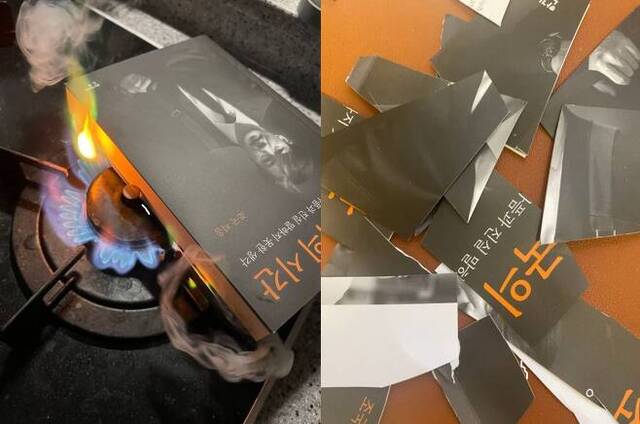 ▲ 트위터에서는 한 사용자가 '조국의 시간'을 가스레인지에 올려 불에 태우는 사진이 게시됐다. ⓒ트위터 캡쳐.