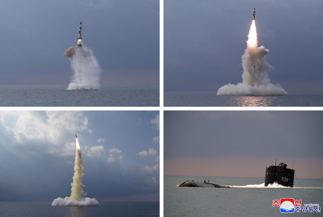 ▲ 북한이 공개한 신형 잠수함발사 탄도미사일(SLBM) 시험발사 장면. ⓒ연합뉴스. 무단전재 및 재배포 금지.
