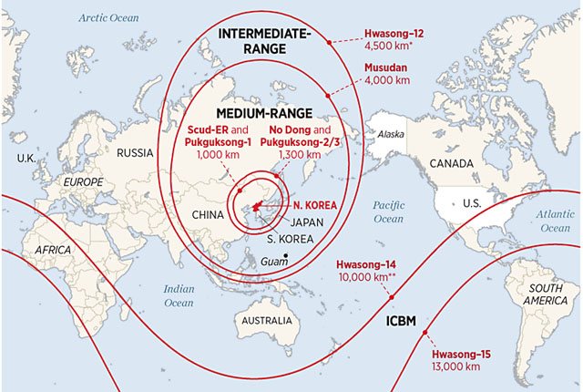 ▲ 현재까지 북한이 공개한 주요 탄도미사일의 추정 사거리. ⓒ美헤리팆 재단 보고서 캡쳐.