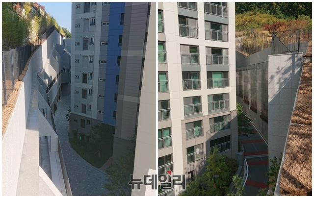 ▲ 성남시 백현동 '판교 A아파트' 주변을 둘러싼 옹벽. ⓒ이상무 기자