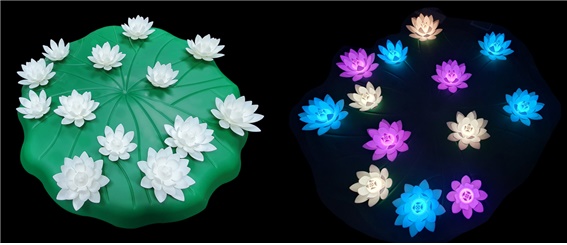 (왼쪽부터) 부유식 LED연잎꽃등 점등 전·후. ⓒ세강엘이디