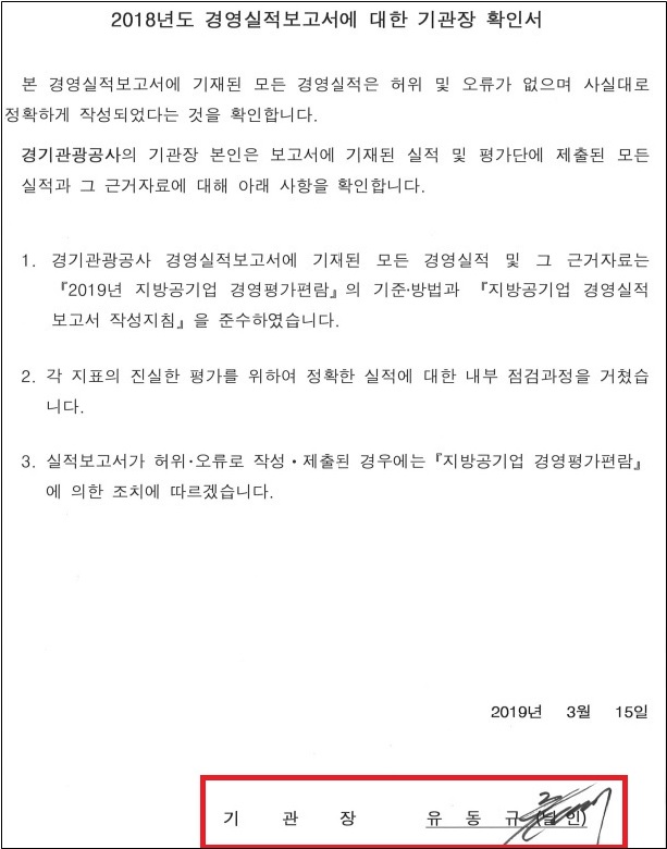 ▲ 유동규 전 경기관광공사(공사) 사장이 공사의 2018년도 경영실적보고서(2019년 3월 작성)의 기관장 확인서에 자필로 서명해 보고서를 결재했다.ⓒ국민의힘 최춘식의원실