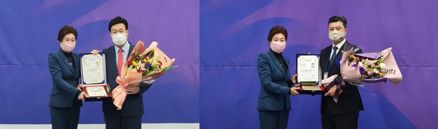 ▲ 대구시의회 이시복 의원(왼쪽)과 김원규 의원(오른쪽)이 29일 10시 울산전시컨벤션센터에서 열린 ‘제4회 대한민국 위민의정대상’ 시상식에서 각각 최우수상과 우수상을 받았다.ⓒ대구시의회