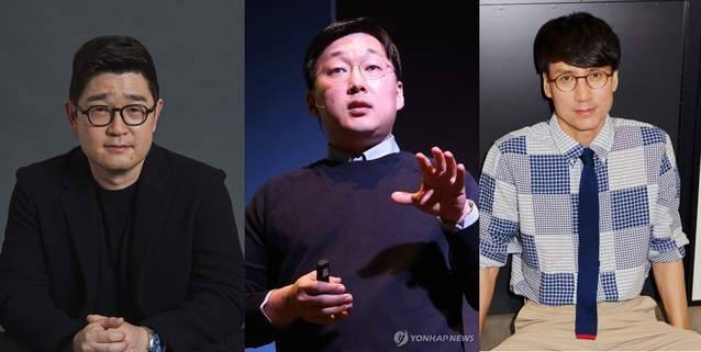 ▲ 왼쪽부터 이진수 카카오엔터 대표, 정주환 카카오 부사장, 홍은택 카카오커머스 대표 ⓒ카카오