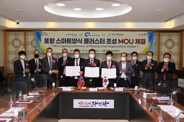 ▲ 포항시와 노르웨이 닐스윌릭슨사는 스마트양식 클러스터 성공적 추진 위한 투자협약을 체결했다.ⓒ포항시