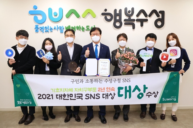 ▲ 대구 수성구(구청장 김대권)는 지난 2일 ‘제11회 2021 대한민국 SNS 대상’에서 대구 기초지방자치단체 중 최초로 2년 연속 대상을 수상하고 관계자들과 기념촬영 하고 있다.ⓒ수성구