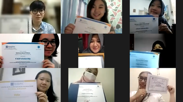 ▲ 2021년도 온라인 해외 장학증서 수여식에 참석한 종근당 장학생들ⓒ종근당고촌재단