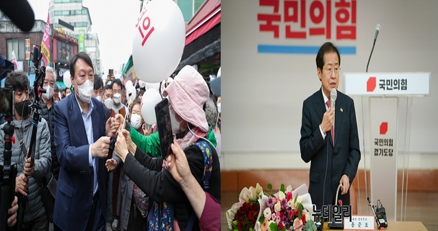 ▲ 윤석열 국민의힘 대선 경선후보가 4일 오전 경기도 의정부 제일시장을 찾아 상인들과 인사하고 있다.(왼쪽) 홍준표 후보가 경기도 수원 국민의힘 경기도당위원회를 방문해 발언을 하고 있다.ⓒ각 캠프