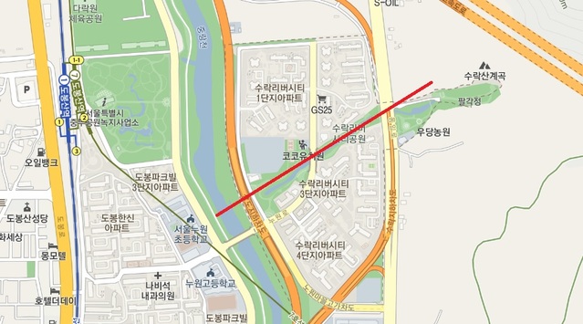 ▲ 빨강색 선을 중심으로 윗쪽은 의정부, 아래쪽은 서울로 행정구역이 나뉜다. ⓒ 다음 지도