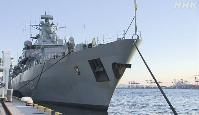 ▲ 일본 도쿄에 5일 입항한 독일 해군 호위함 '바이에른'함. 일본을 근거로 동지나해 등에서 북한의 불법환적을 단속할 예정이다. ⓒ日NHK 관련보도 화면캡쳐.