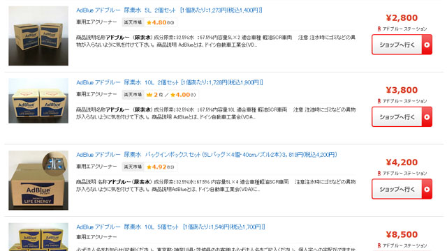 ▲ 일본 온라인에서 판매 중인 고급 요소수 제품들. ⓒ가가쿠(價格)닷컴 검색결과 캡쳐.