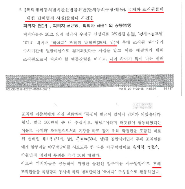 ▲ 국민의힘 이재명 비리 국민검증특위 위원장을 맡고 있는 김진태 전 의원이 공개한 국제마피아파 조직원 8명에 대한 2017년 12월 수원지방법원 판결문에 '줄빳다'에 대한 내용이 적혀있다. ⓒ페이스북 캡쳐