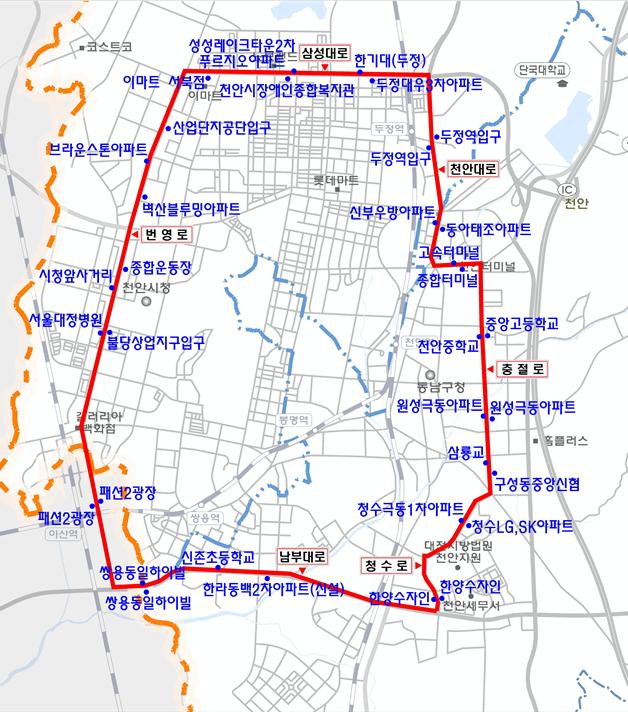 ▲ 충남 천안시 관내 운행 노선도 및 정류장.ⓒ천안시