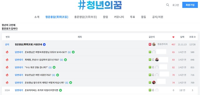 ▲ 청년의꿈 홈페이지의 '청문홍답' 게시판.ⓒ청년의꿈 홈페이지 캡처