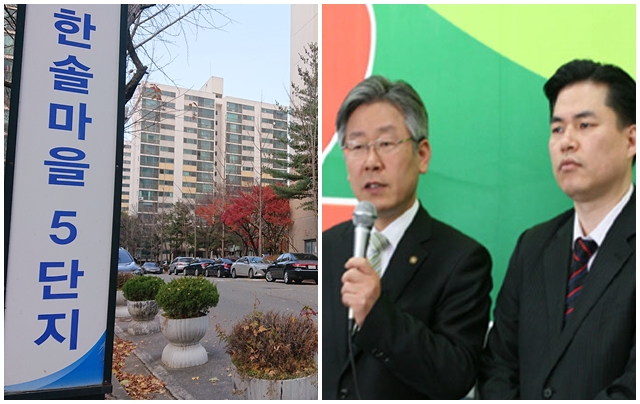 ▲ (오른쪽)2010년 5월 당시 유동규 분당 한솔5단지 리모델링추진위원회 조합장이 이재명 성남시장 후보의 지지성명을 발표하는 자리에 나란히 서있다. ⓒ성남일보