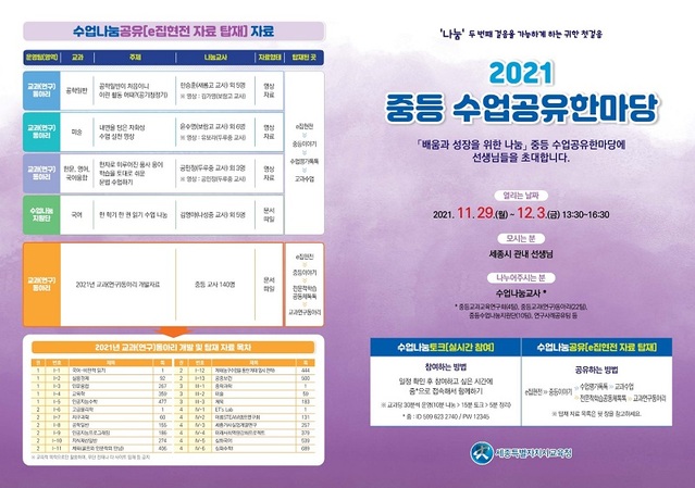 ▲ 나눔 2021 중등 수업 공유 한마당 일정표.ⓒ세종교육청