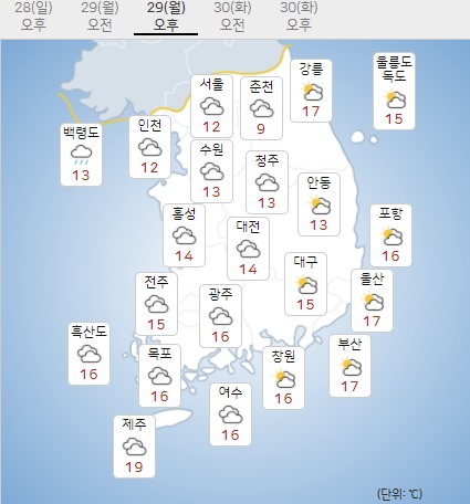 ▲ 11월 29일 오후 날씨. ⓒ기상청