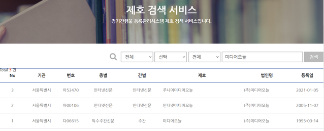 ▲ 문체부 정기간행물 등록관리시스템에서 '미디어오늘'을 검색한 결과.