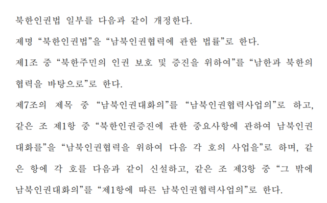 ▲ 더불어민주당 소속 의원 10명과 김홍걸 무소속 의원이 발의한 북한인권법 개정안 일부. ⓒ국회 의안정보시스템 캡처