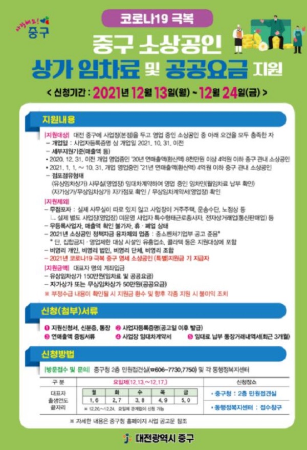 ▲ 소상공인 상가 임차료 및 공공요금 지원안내문.ⓒ대전중구