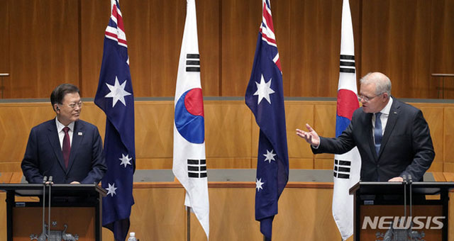 ▲ 문재인 대통령과 스콧 모리슨 호주총리. 모리슨 총리는 이날 종전선언과 관련해 