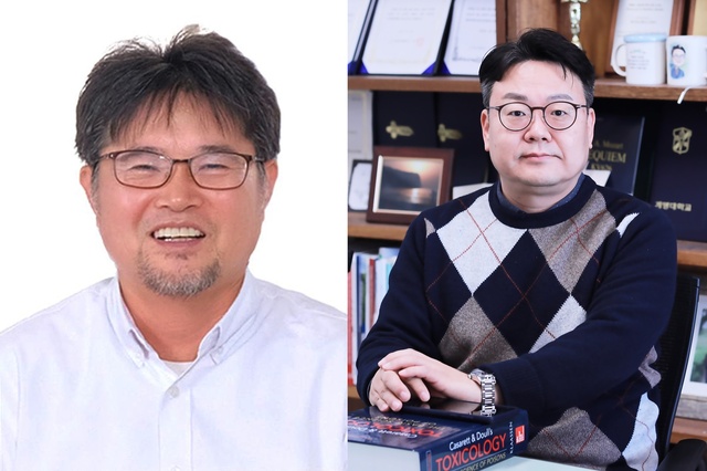 ▲ (왼쪽부터)권택규 계명대 의예과 교수, 천경수 계명대 약학과 교수.ⓒ계명대