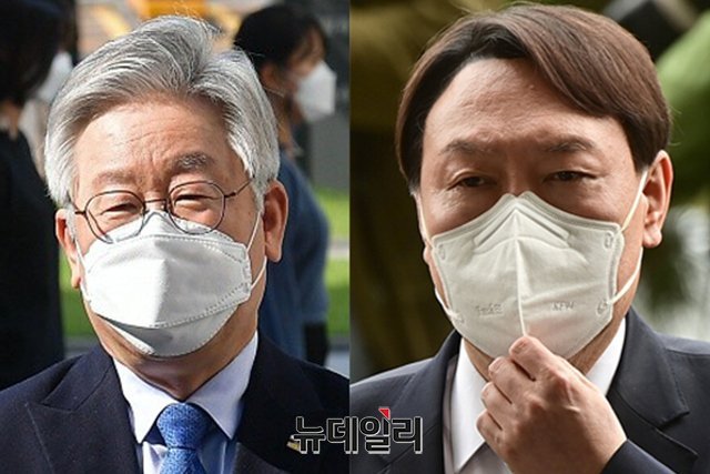 ▲ 윤석열 국민의힘 대통령후보와 이재명 더불어민주당 대통령후보 간 차기 대선주자 지지율 격차가 좁혀졌다는 여론조사 결과가 연이어 나왔다. 
이재명 후보와 윤석열 후보 자료사진. ⓒ뉴데일리 DB