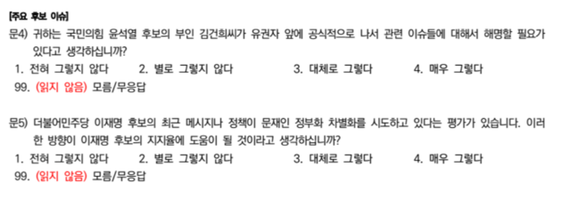 ▲ 지난 26일 발표된 서던포스트의 여론조사 주요 후보 이슈 문항.ⓒ서던포스트 여론조사 자료 캡처