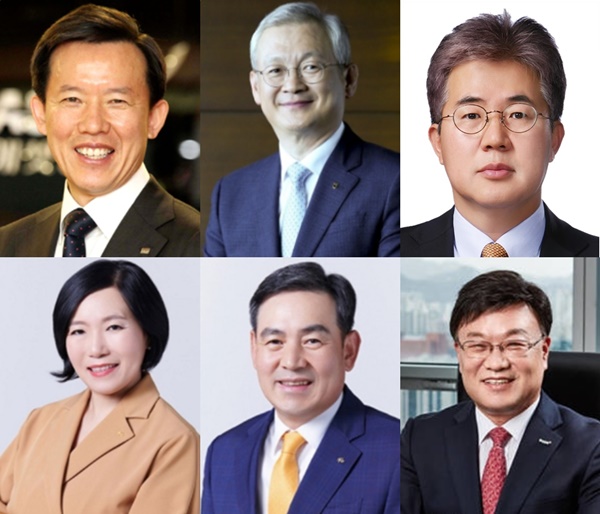 ▲ (왼쪽부터) 최현만 미래에셋증권 회장, 정영채 NH투자증권 대표, 이영창 신한금융투자 대표, 박정림·김성현 KB증권 대표, 김원규 이베스트투자증권 대표 ⓒ각사