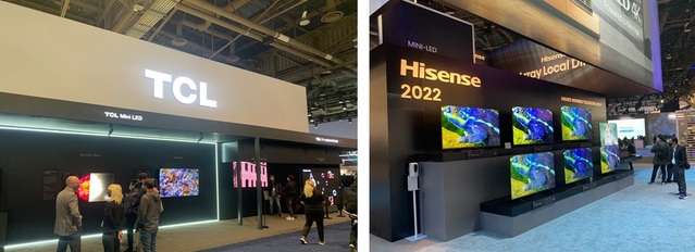 ▲ 'CES 2022' 전시회에 마련된 TCL(왼쪽), 하이센스 부스 전경.ⓒ뉴데일리DB