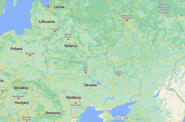 ▲ 우크라이나와 러시아 국경을 나타낸 지도. 우크라이나 주변국들도 볼 수 있다. ⓒ구글맵 화면캡쳐.