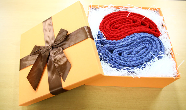 ▲ 권도연 양은 태극무늬를 의미하는 빨간색, 파란색 목도리를 석해균 선정의 목에 걸어주며 감사 인사를 전해 눈길을 끌었다.ⓒ칠곡군