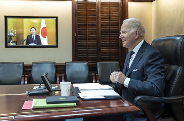 ▲ 지난 21일 조 바이든 미국 대통령은 기시다 후미오 일본총리와 화상 정상회담을 가졌다. ⓒ뉴시스 AP. 무단전재 및 재배포 금지.