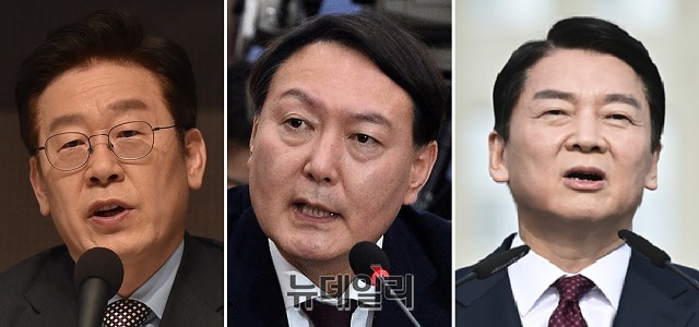 ▲ 대선후보 3인방. 왼쪽부터 이재명 더불어민주당, 윤석열 국민의힘, 국민의당 안철수 후보. ⓒ뉴데일리DB
