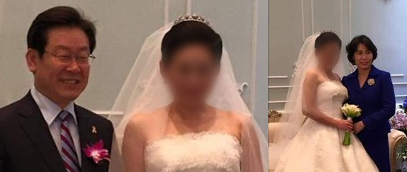 ▲ ▲ 이재명 더불어민주당 대통령 후보와 배우자 김혜경씨가 성남시장 시절이던 지난 2016년 배씨의 결혼식에 참석해 사진을 찍은 모습. ⓒSNS캡처